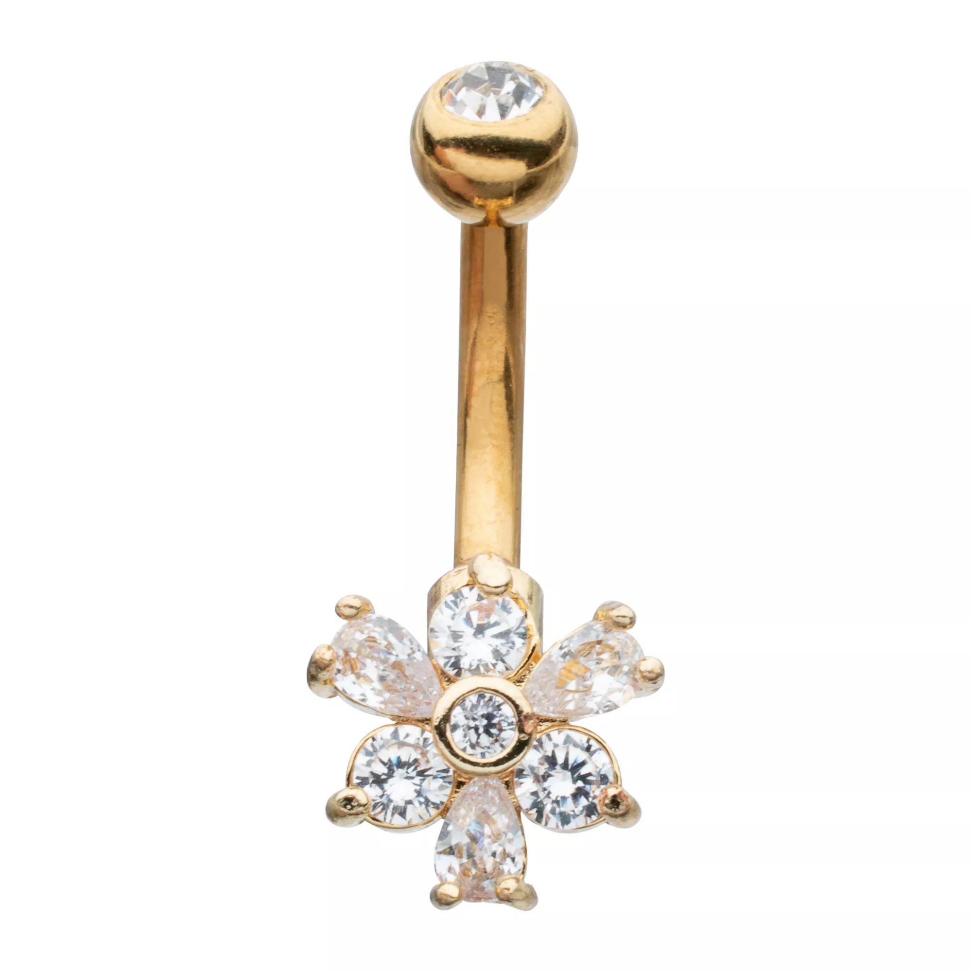 CZ Goldtone Flower Gem Belly Ring - 14 Gauge