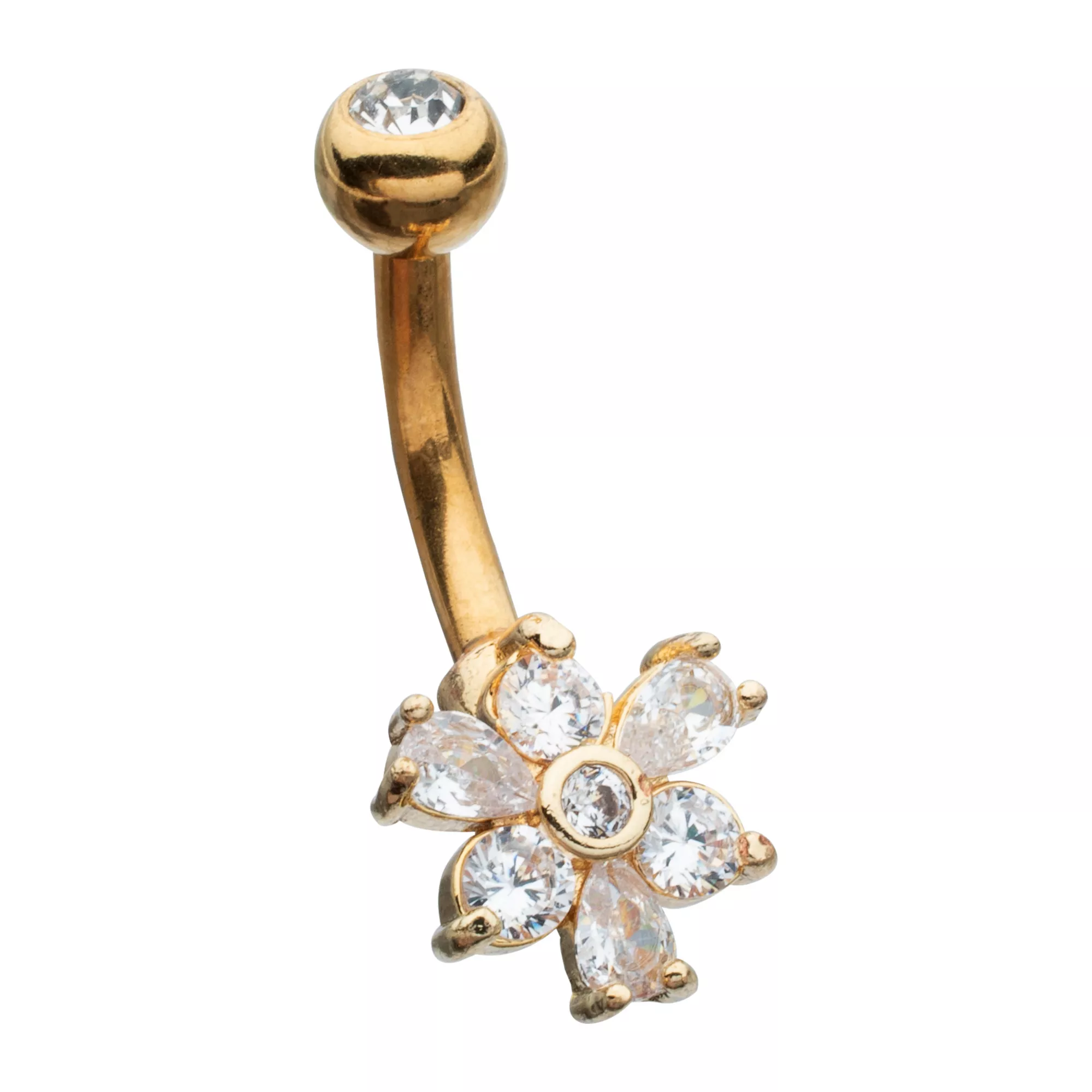 CZ Goldtone Flower Gem Belly Ring - 14 Gauge