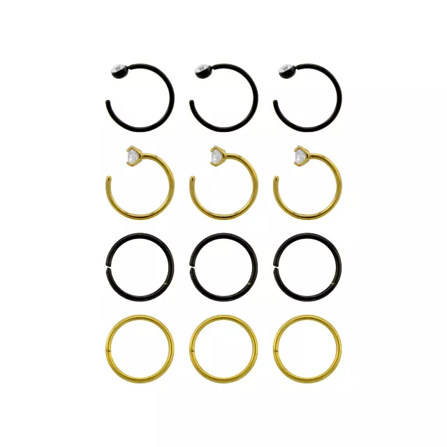 Multi-Pack Gold and Black Nose Hoops 12 Pack - 20 Gauge at Spencer's