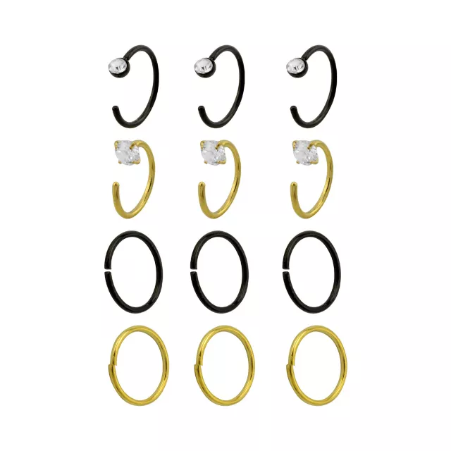Multi-Pack Gold and Black Nose Hoops 12 Pack - 20 Gauge at Spencer's