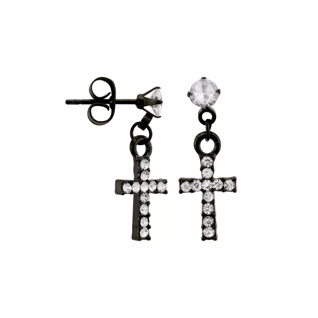 Black Titanium and CZ Cross Dangle Stud Earrings - 20 Gauge at Spencer's