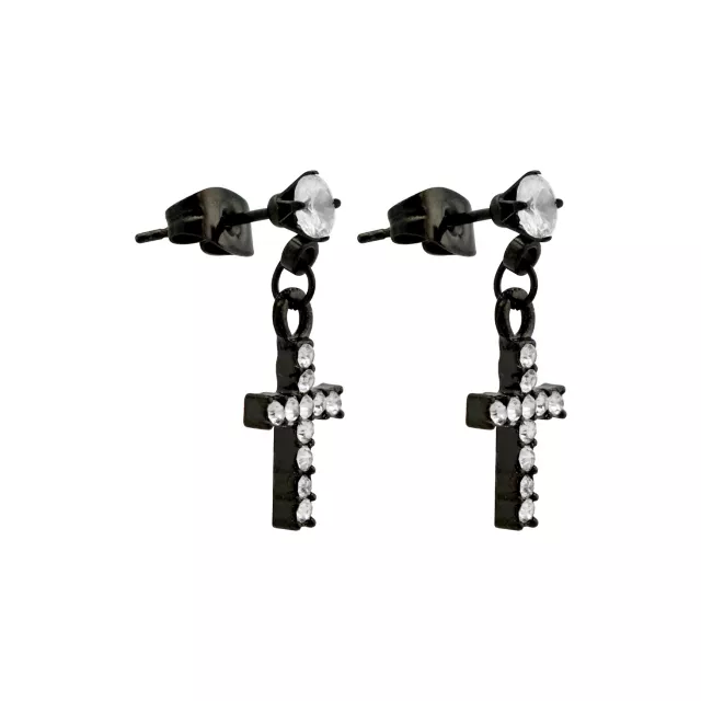 Black Titanium and CZ Cross Dangle Stud Earrings - 20 Gauge at Spencer's