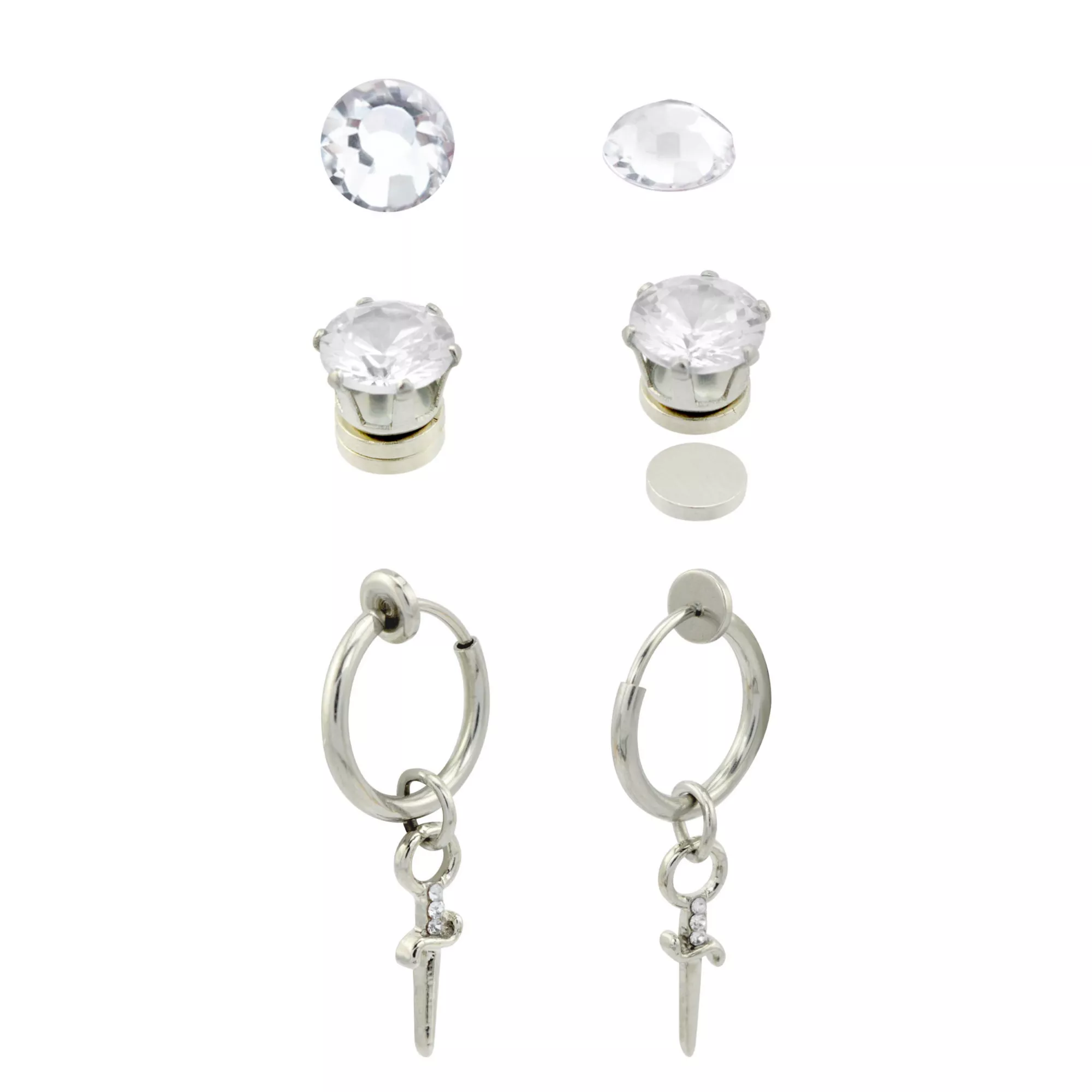 Multi-Pack Fake CZ Stud and Silvertone Cross Hoop Dangle Earrings - 3 Pair at Spencer's