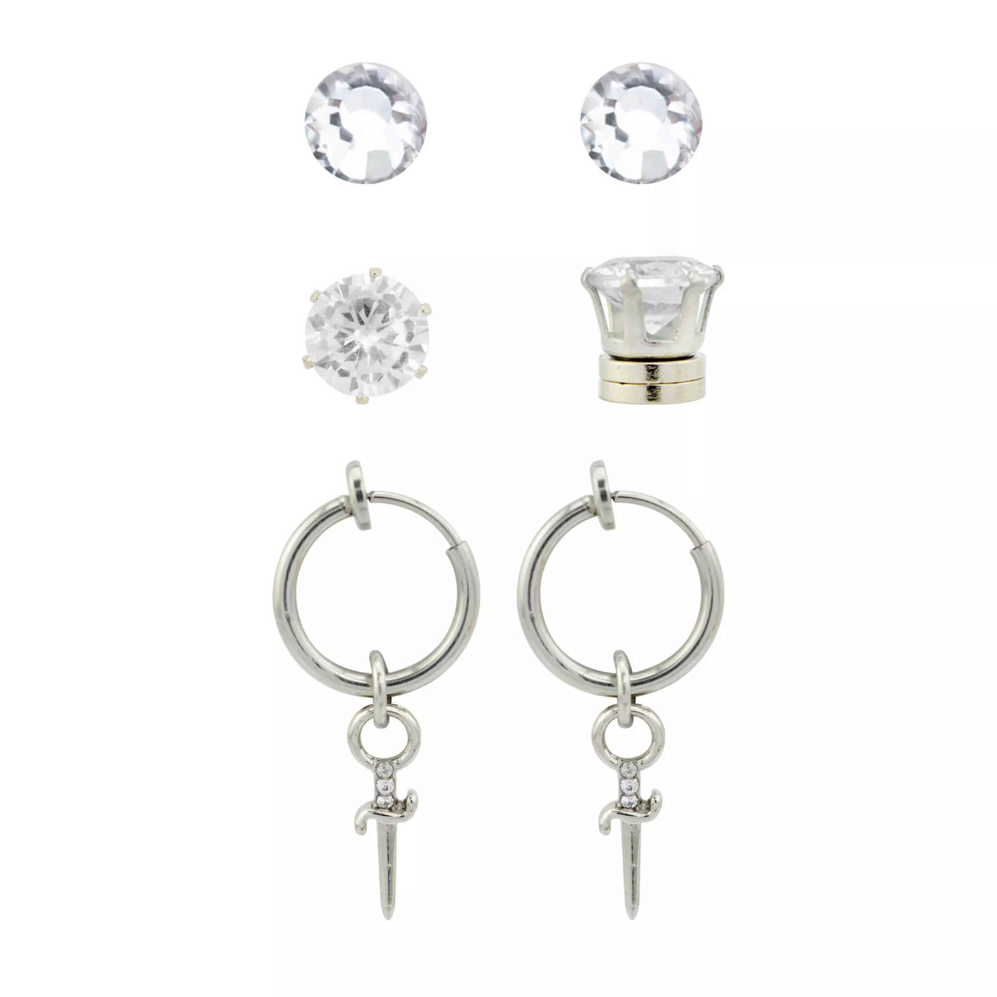 Multi-Pack Fake CZ Stud and Silvertone Cross Hoop Dangle Earrings - 3 Pair at Spencer's