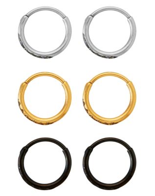 Multi-Pack CZ Titanium Silvertone Goldtone and Black Hoop Earrings - 3 Pair