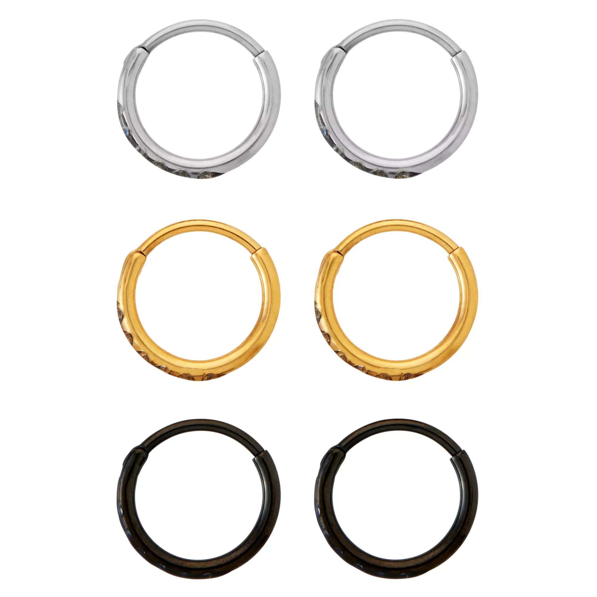 Multi-Pack CZ Titanium Silvertone Goldtone and Black Hoop Earrings - 3 Pair at Spencer's