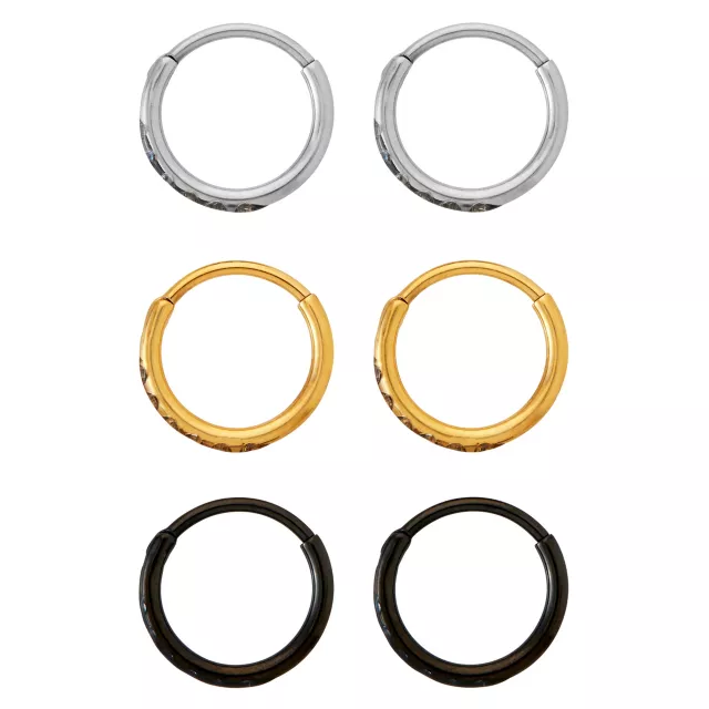 Multi-Pack CZ Titanium Silvertone Goldtone and Black Hoop Earrings - 3 Pair at Spencer's