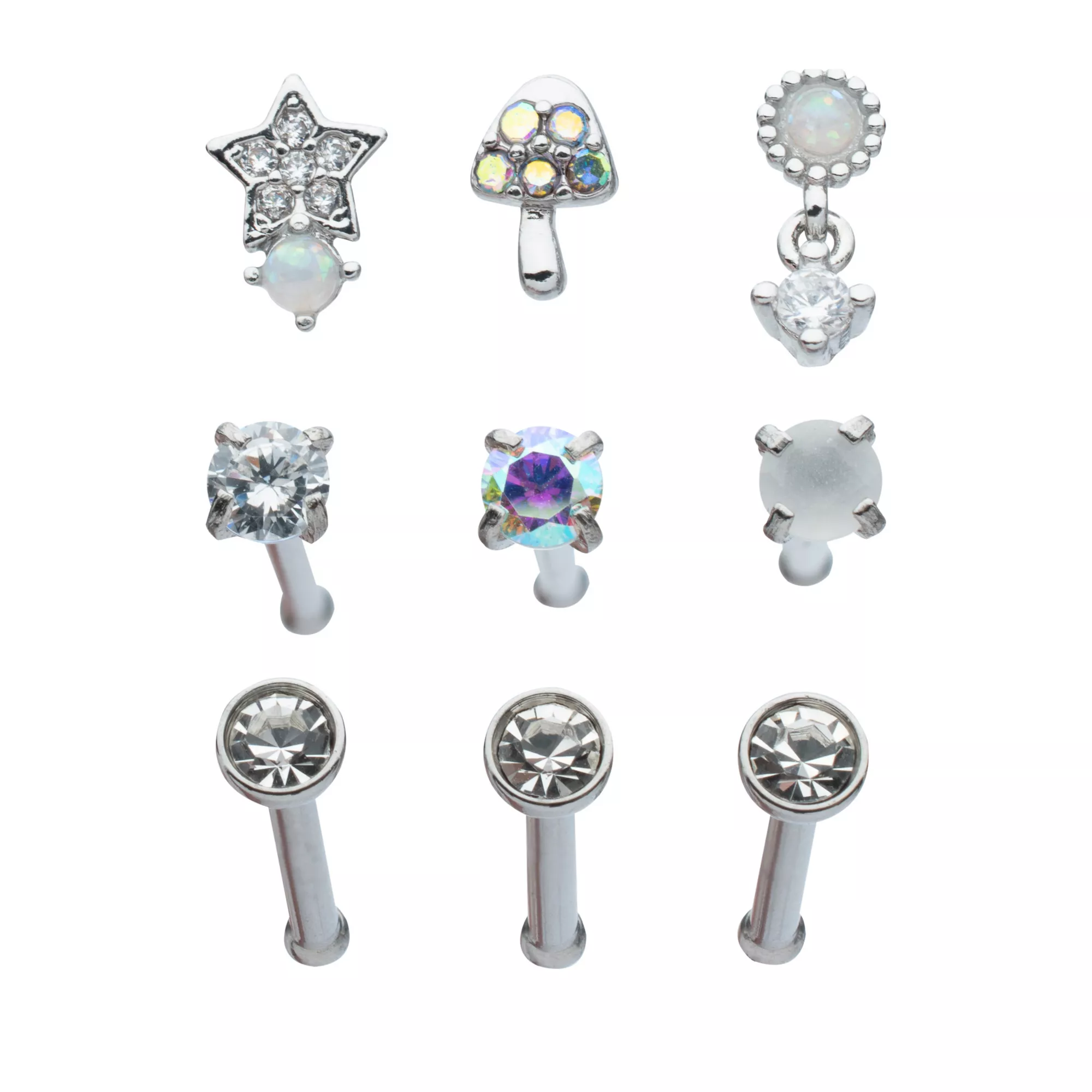 Multi-Pack Multi-Color CZ Mushroom and Star Bone Nose Rings 9 Pack - 20 Gauge at Spencer's