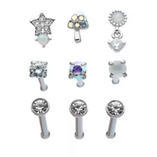 Multi-Pack Multi-Color CZ Mushroom and Star Bone Nose Rings 9 Pack - 20 Gauge at Spencer's