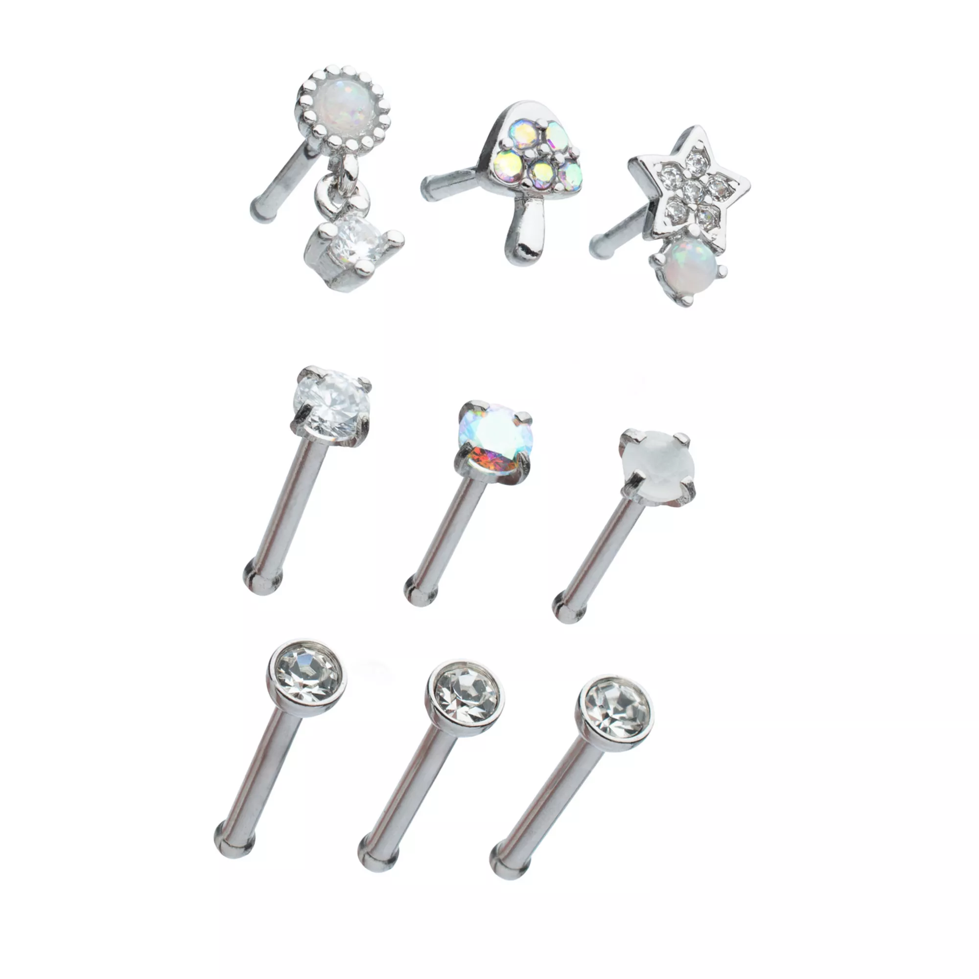 Multi-Pack Multi-Color CZ Mushroom and Star Bone Nose Rings 9 Pack - 20 Gauge at Spencer's