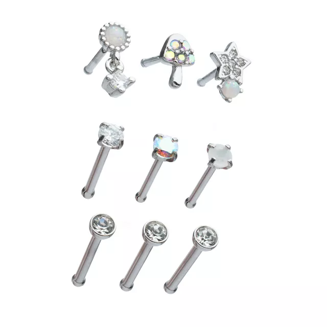 Multi-Pack Multi-Color CZ Mushroom and Star Bone Nose Rings 9 Pack - 20 Gauge at Spencer's