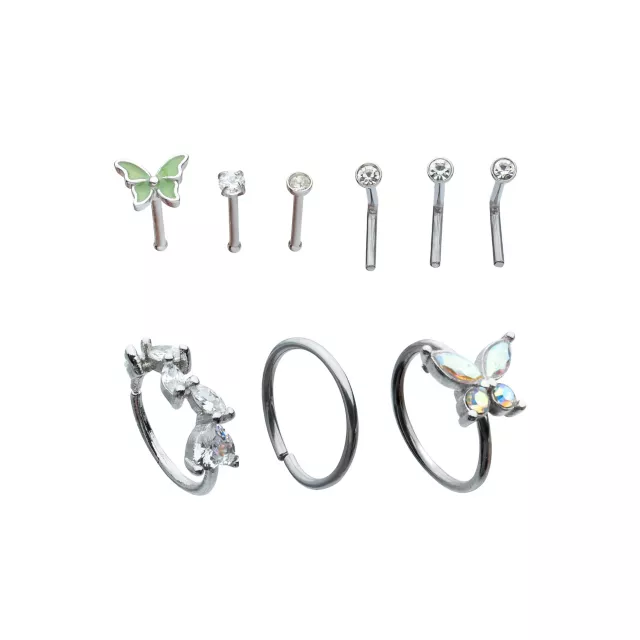 CZ Butterfly Pin L Bend and Hoop Nose Rings 9 Pack 20 Gauge Spencer s