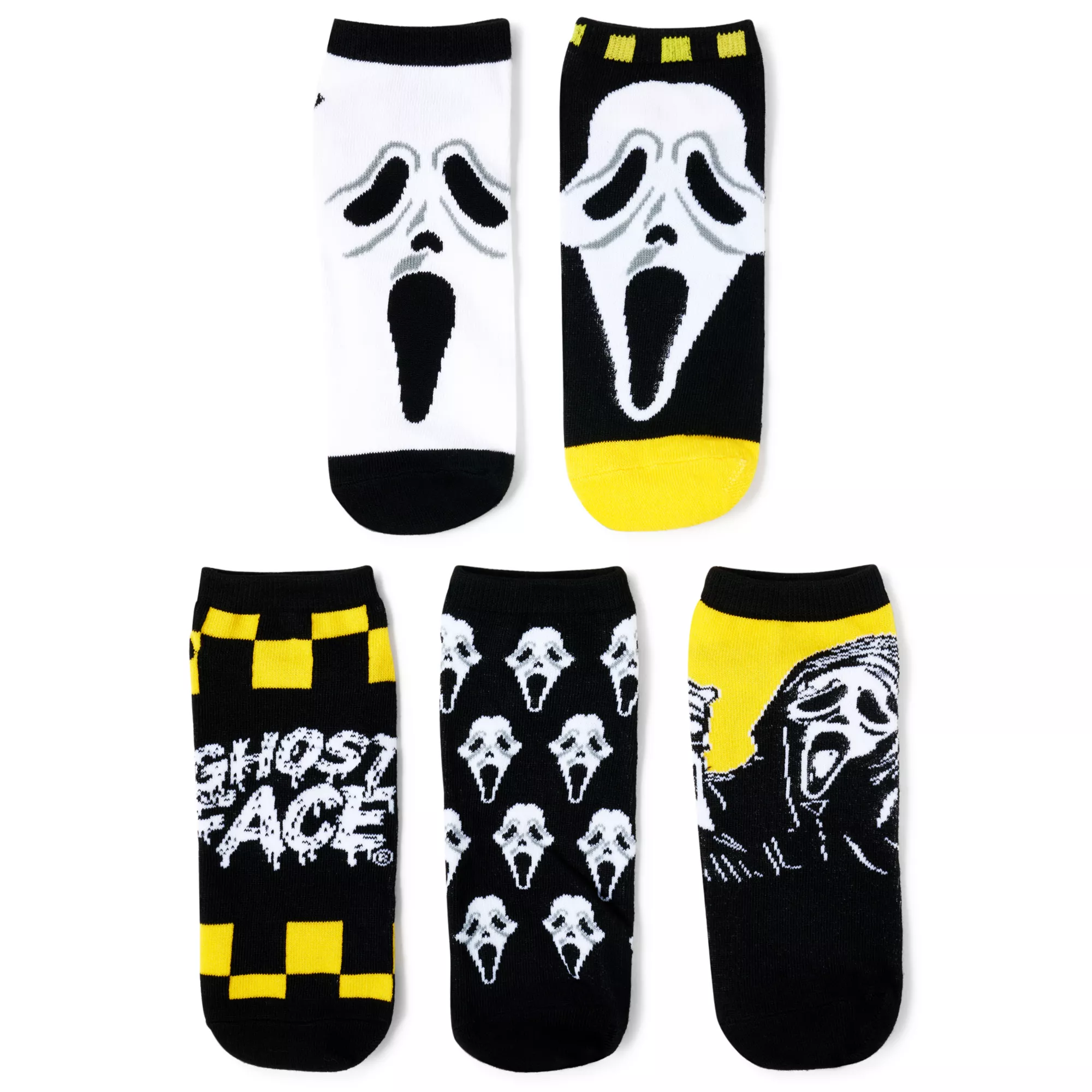 Multi-Pack Black and Yellow Ghost Face Ankle Socks - 5 Pair at Spencer's