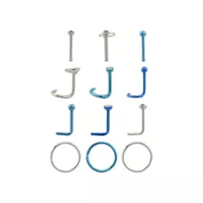 Multi-Pack Silver and Blue Nose Pins and Hoops 12 Pack - 20 Gauge at Spencer's