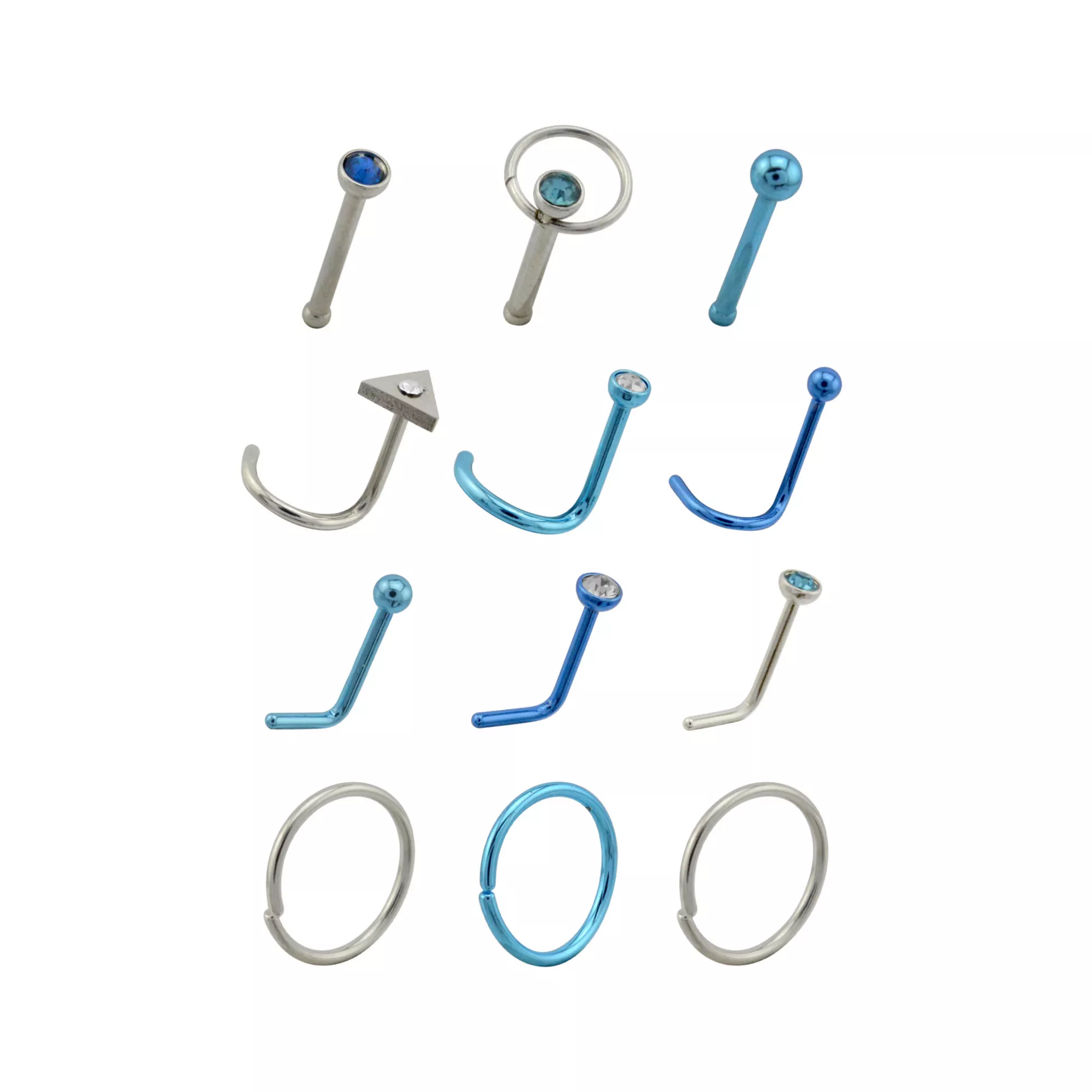 Multi-Pack Silver and Blue Nose Pins and Hoops 12 Pack - 20 Gauge at Spencer's
