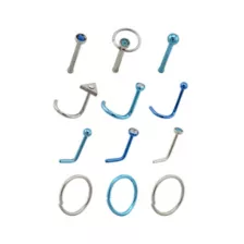 Multi-Pack Silver and Blue Nose Pins and Hoops 12 Pack - 20 Gauge at Spencer's