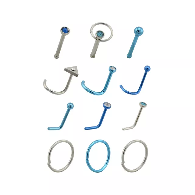 Multi-Pack Silver and Blue Nose Pins and Hoops 12 Pack - 20 Gauge at Spencer's