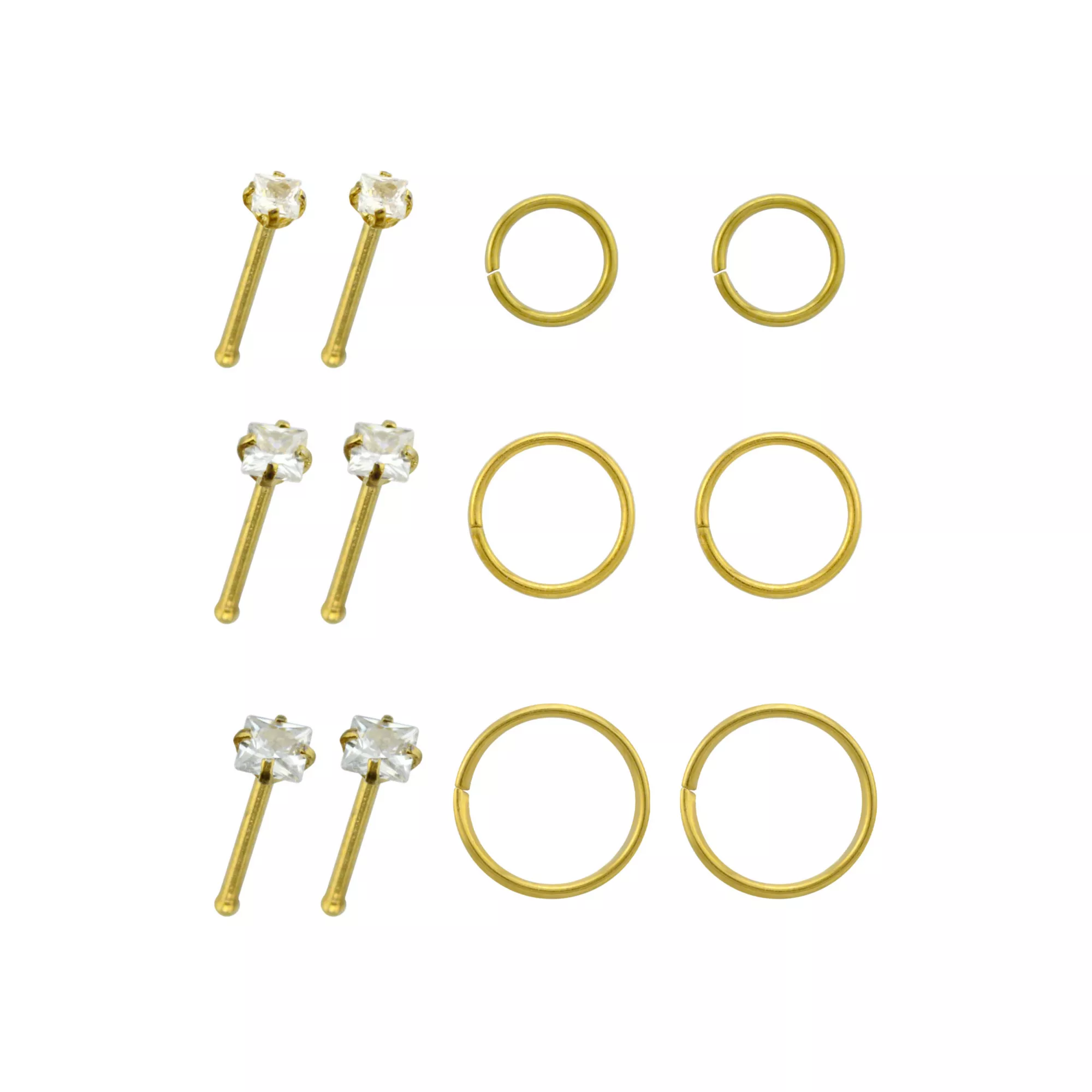 Multi-Pack CZ Goldtone Titanium Nose Pins and Hoop Nose Rings 12 Pack - 20 Gauge