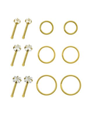 Multi-Pack CZ Goldtone Titanium Nose Pins and Hoop Nose Rings 12 Pack - 20 Gauge