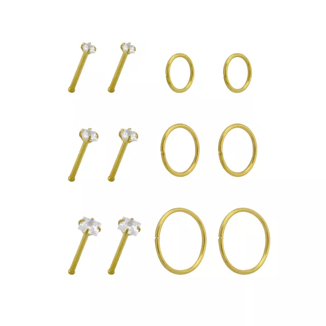 Multi-Pack CZ Goldtone Titanium Nose Pins and Hoop Nose Rings 12 Pack - 20 Gauge at Spencer's