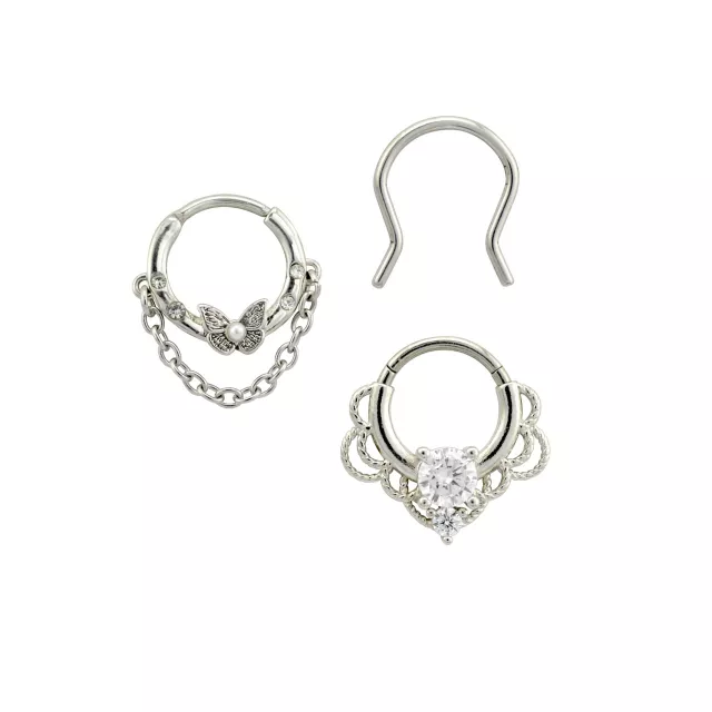 Multi-Pack Silver Ornate Septum Rings 3 Pack - 16 Gauge