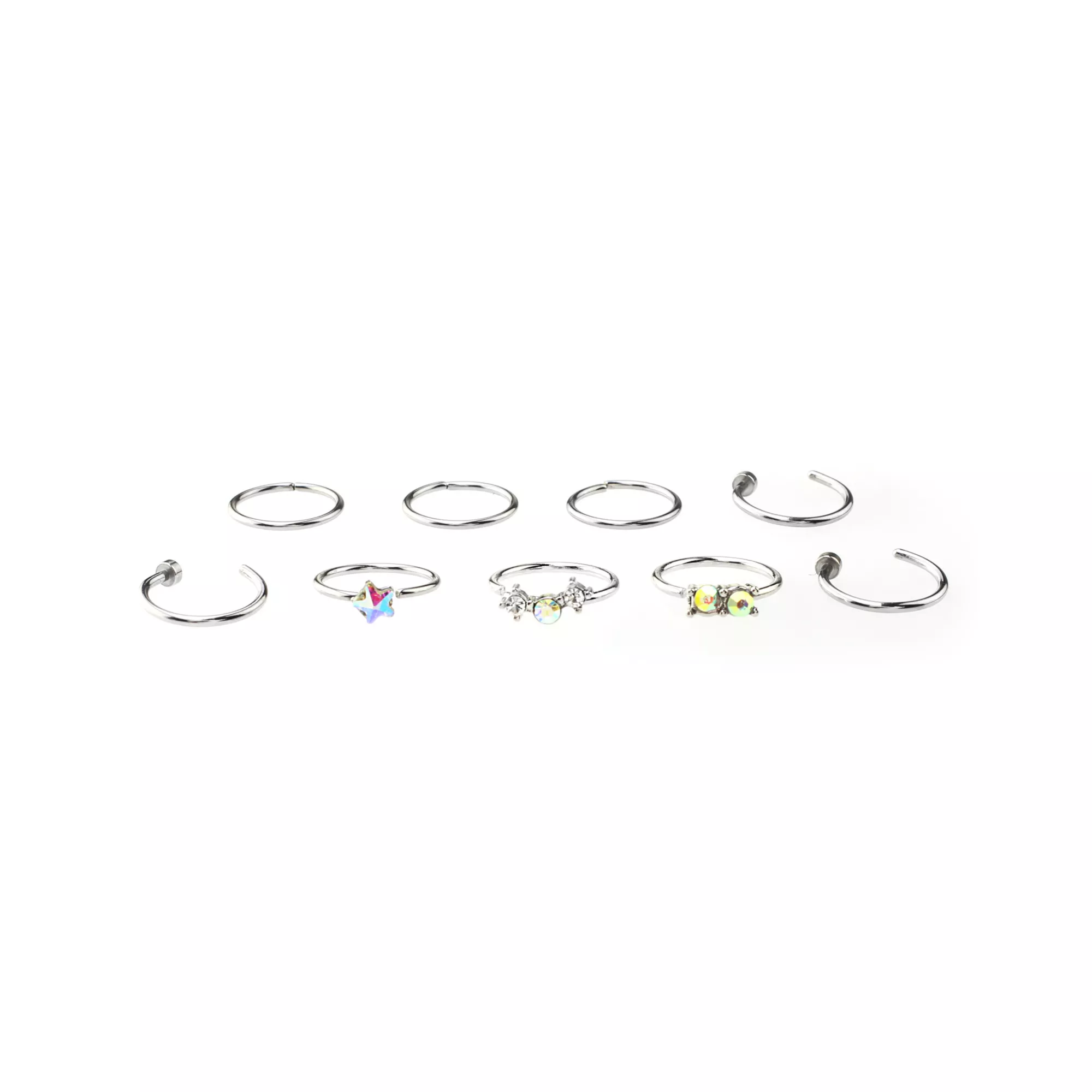 Multi-Pack CZ and Aurora Borealis Effect Hoops and Half Hoop Nose Rings 9 Pack - 20 Gauge at Spencer's