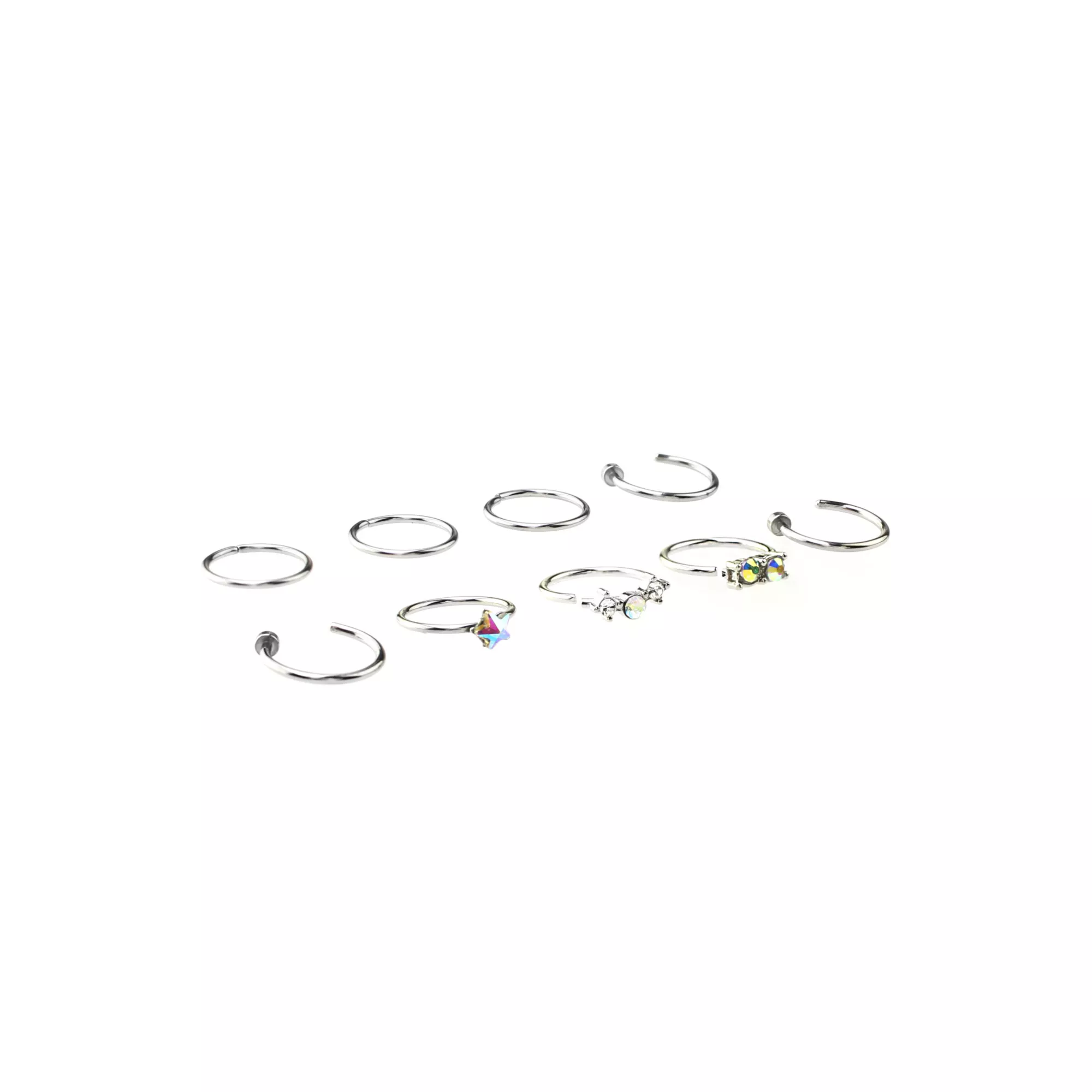 Multi-Pack CZ and Aurora Borealis Effect Hoops and Half Hoop Nose Rings 9 Pack - 20 Gauge at Spencer's