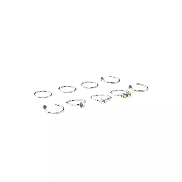 Multi-Pack CZ and Aurora Borealis Effect Hoops and Half Hoop Nose Rings 9 Pack - 20 Gauge at Spencer's
