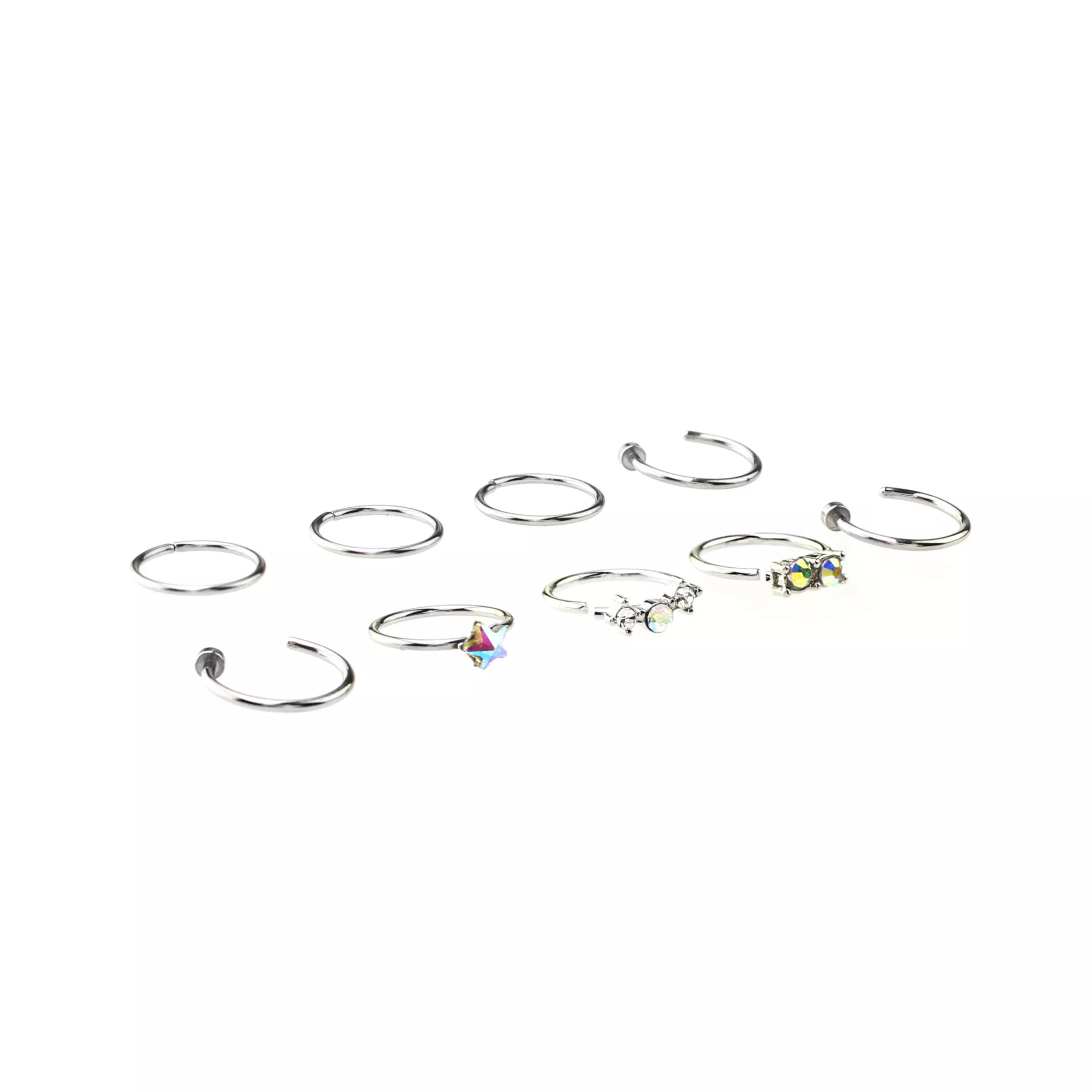 Multi-Pack CZ and Aurora Borealis Effect Hoops and Half Hoop Nose Rings 9 Pack - 20 Gauge at Spencer's