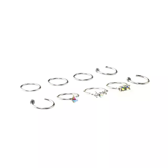 Multi-Pack CZ and Aurora Borealis Effect Hoops and Half Hoop Nose Rings 9 Pack - 20 Gauge at Spencer's