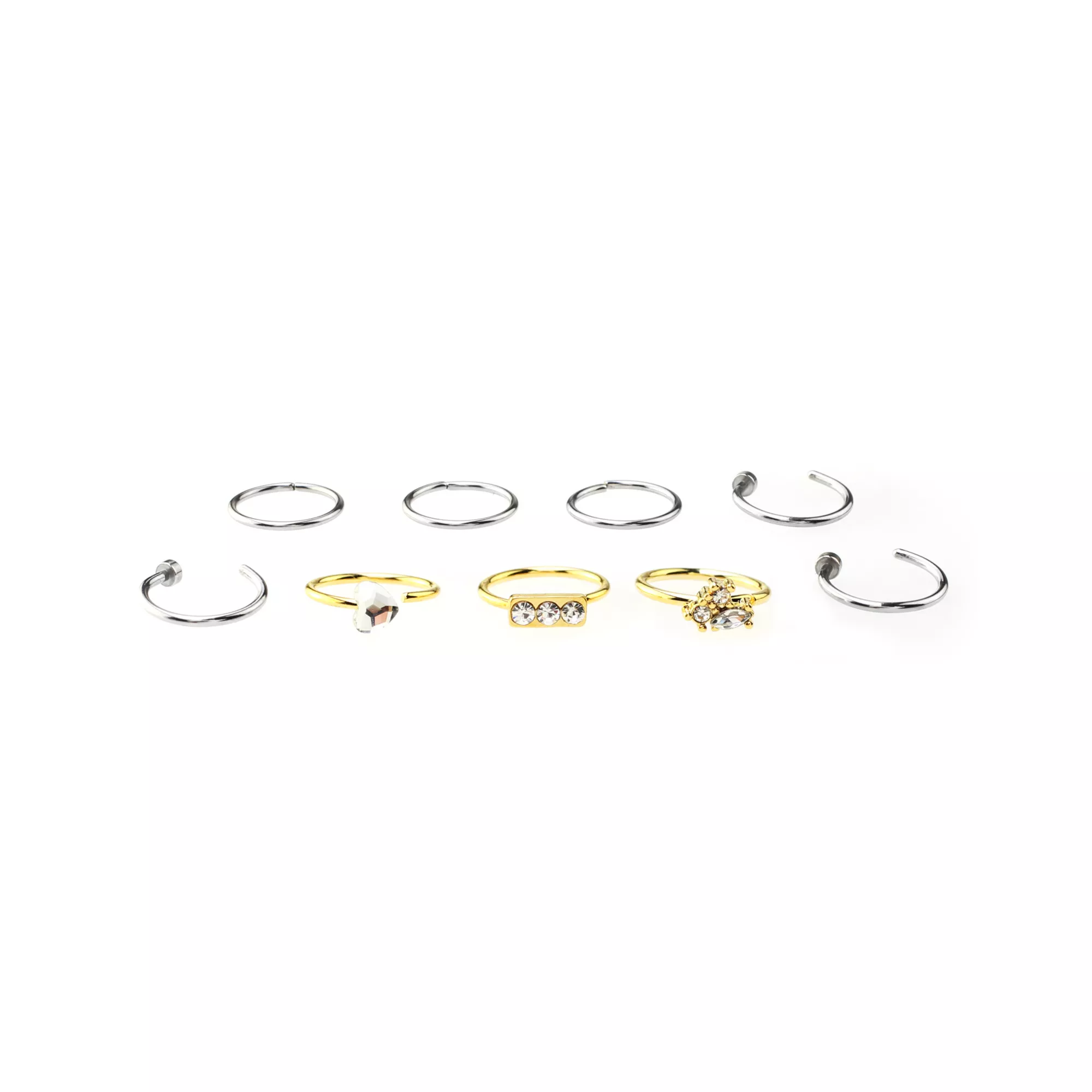 Multi-Pack CZ Silvertone and Goldtone Hoops and Half Hoop Nose Rings 9 Pack - 20 Gauge at Spirit Halloween