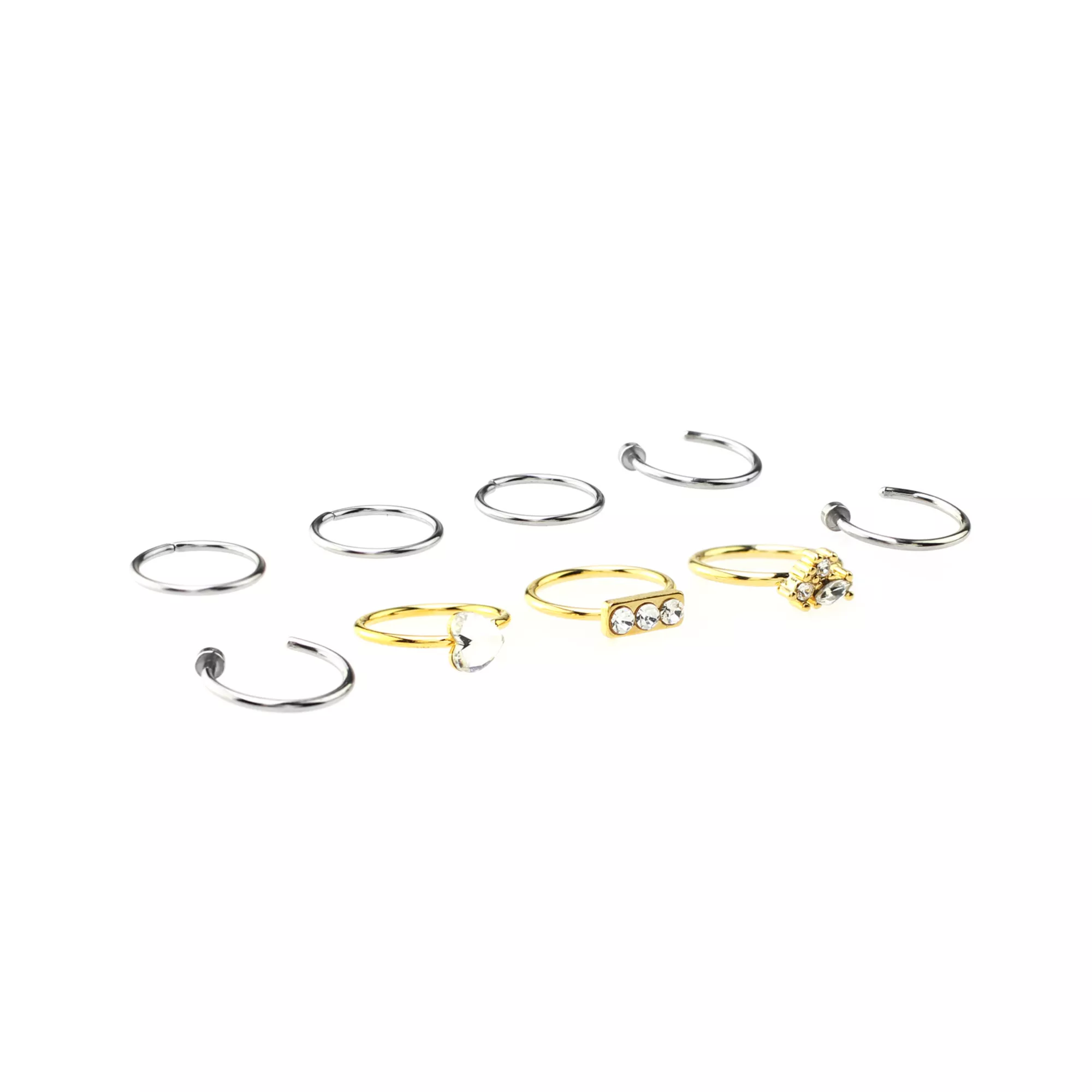 Multi-Pack CZ Silvertone and Goldtone Hoops and Half Hoop Nose Rings 9 Pack - 20 Gauge at Spirit Halloween
