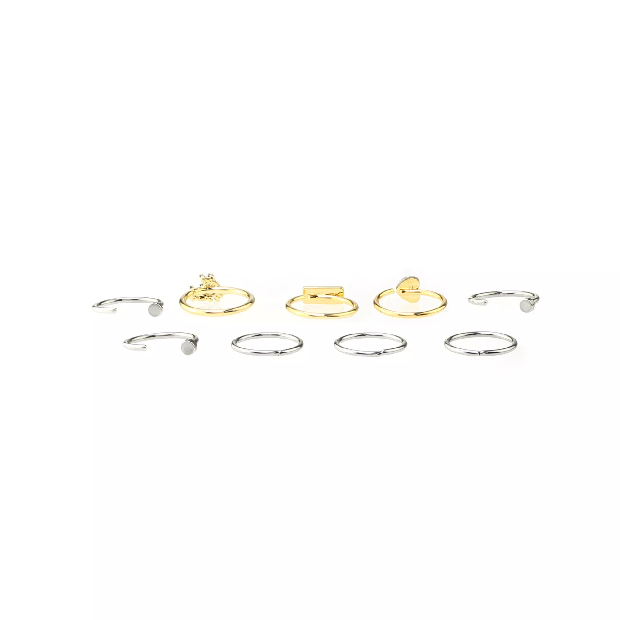 Multi-Pack CZ Silvertone and Goldtone Hoops and Half Hoop Nose Rings 9 Pack - 20 Gauge at Spirit Halloween