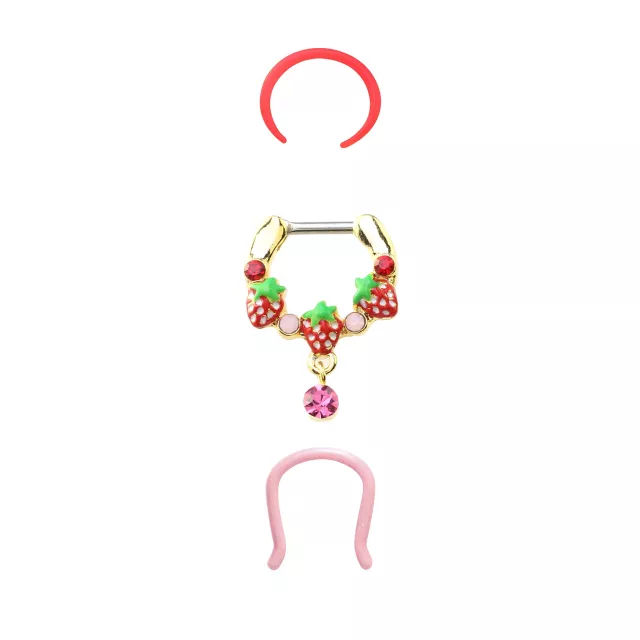 Multi-Pack CZ Strawberry Septum Clicker and Retainers 3 Pack - 16 Gauge at Spencer's