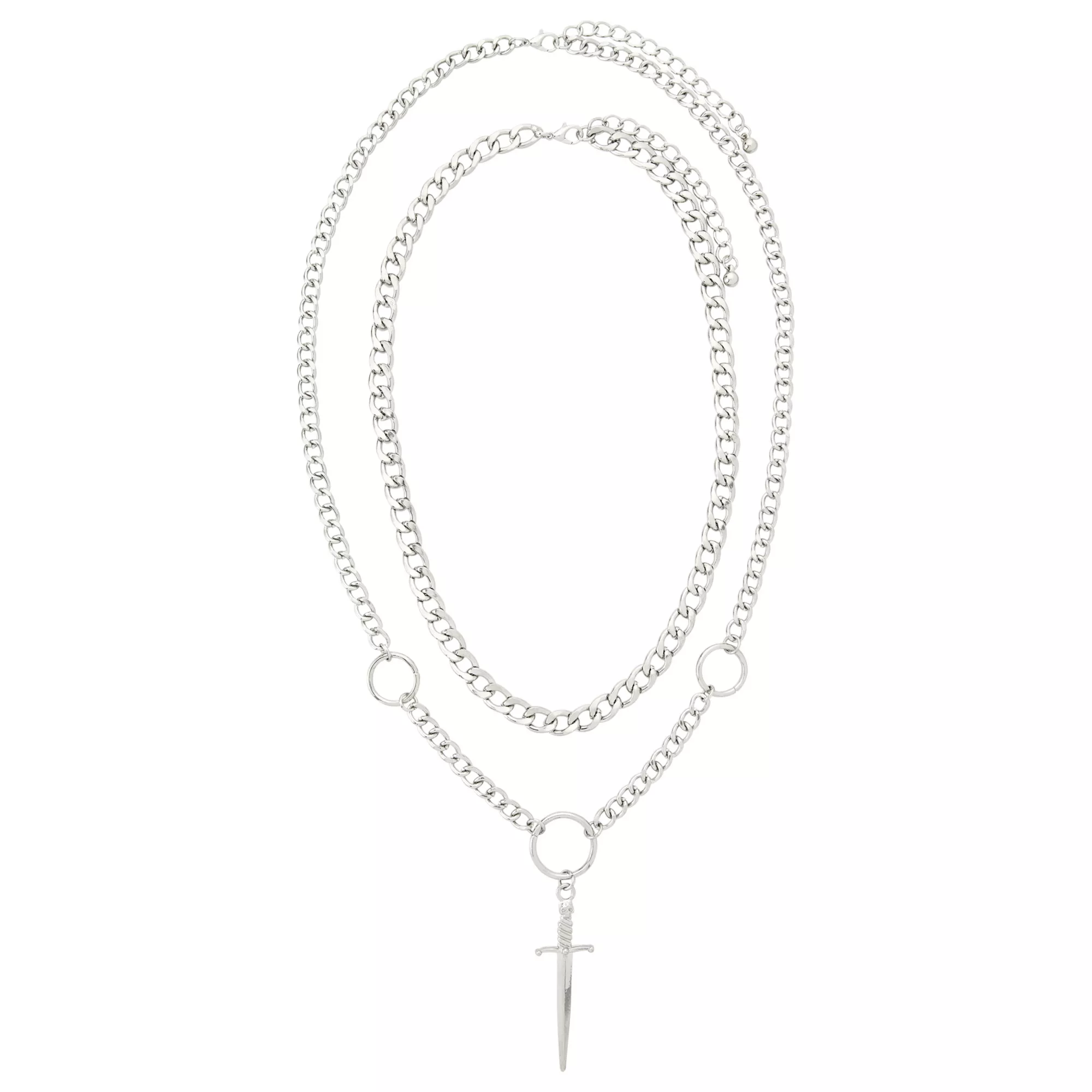 Silvertone Double Row Dagger Pendant Chain Necklace
