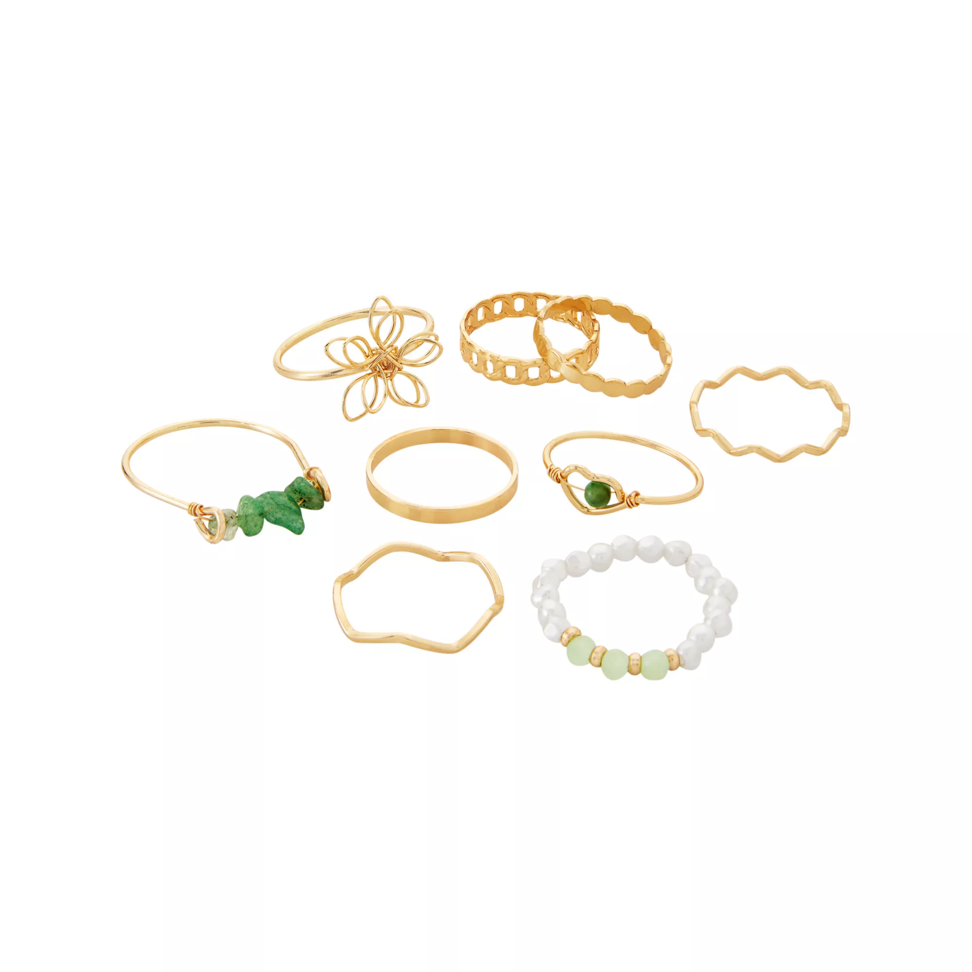 Multi-Pack Goldtone Flower Green Gem Band Rings - 9 Pack at Spencer's