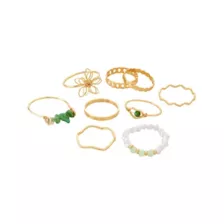 Multi-Pack Goldtone Flower Green Gem Band Rings - 9 Pack at Spencer's