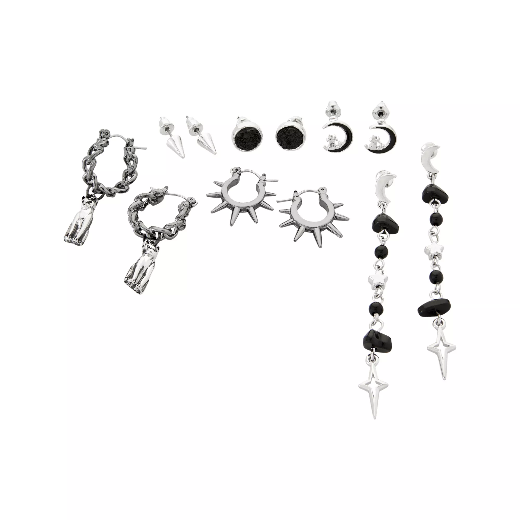 Multi-Pack Silver and Black Spiked Celestial Earrings - 6 Pack at Spencer's