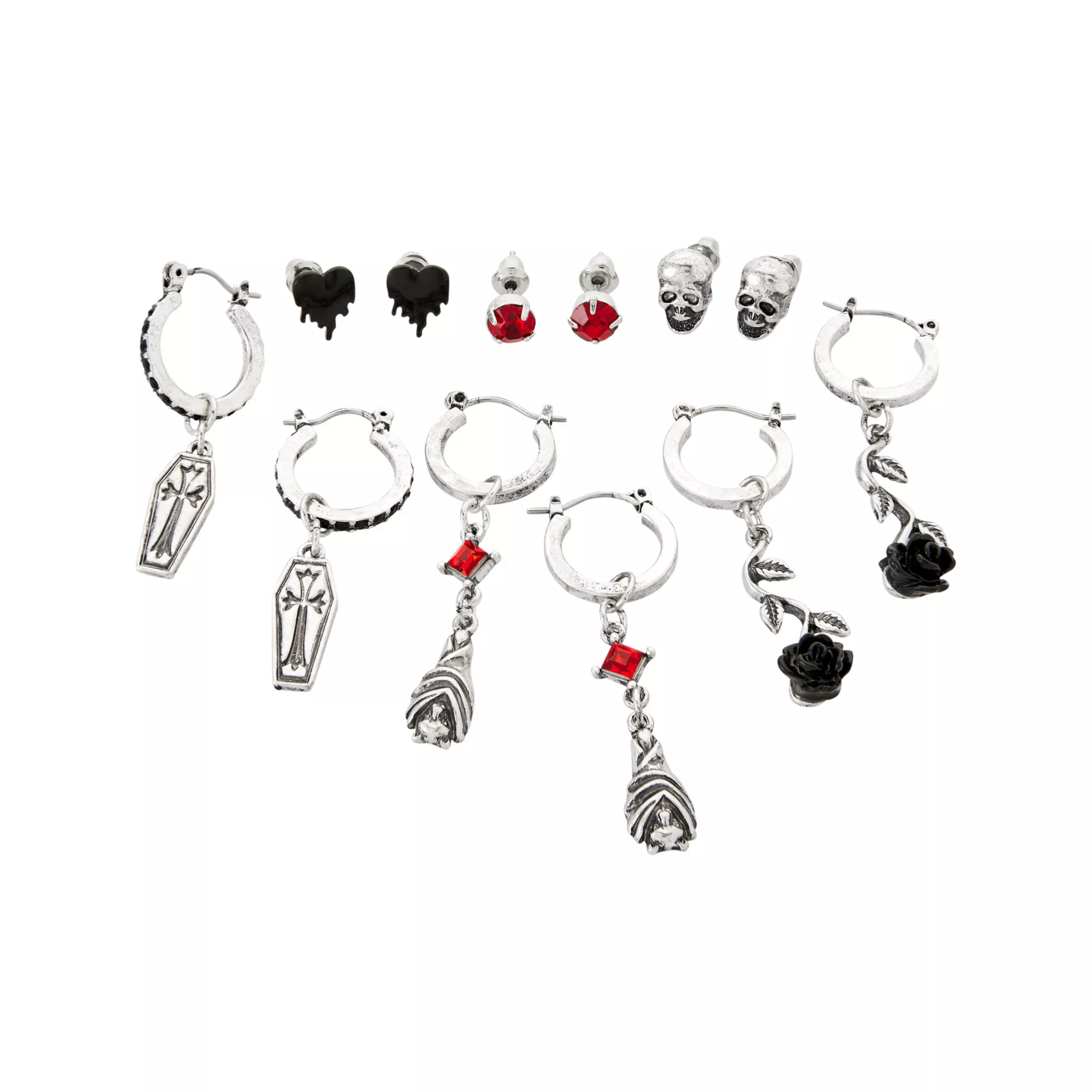 Multi-Pack CZ Coffin and Rose Hoop and Stud Earrings - 6 Pack at Spencer's