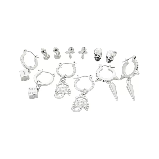 Multi-Pack Silver Skull Scorpion and Dice Stud and Huggie Hoop Earrings - 6 Pack at Spencer's