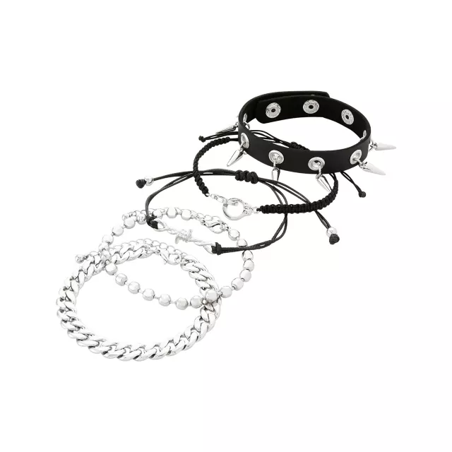 Multi-Pack Silver and Black Spike Chain Bracelets - 5 Pack at Spencer's