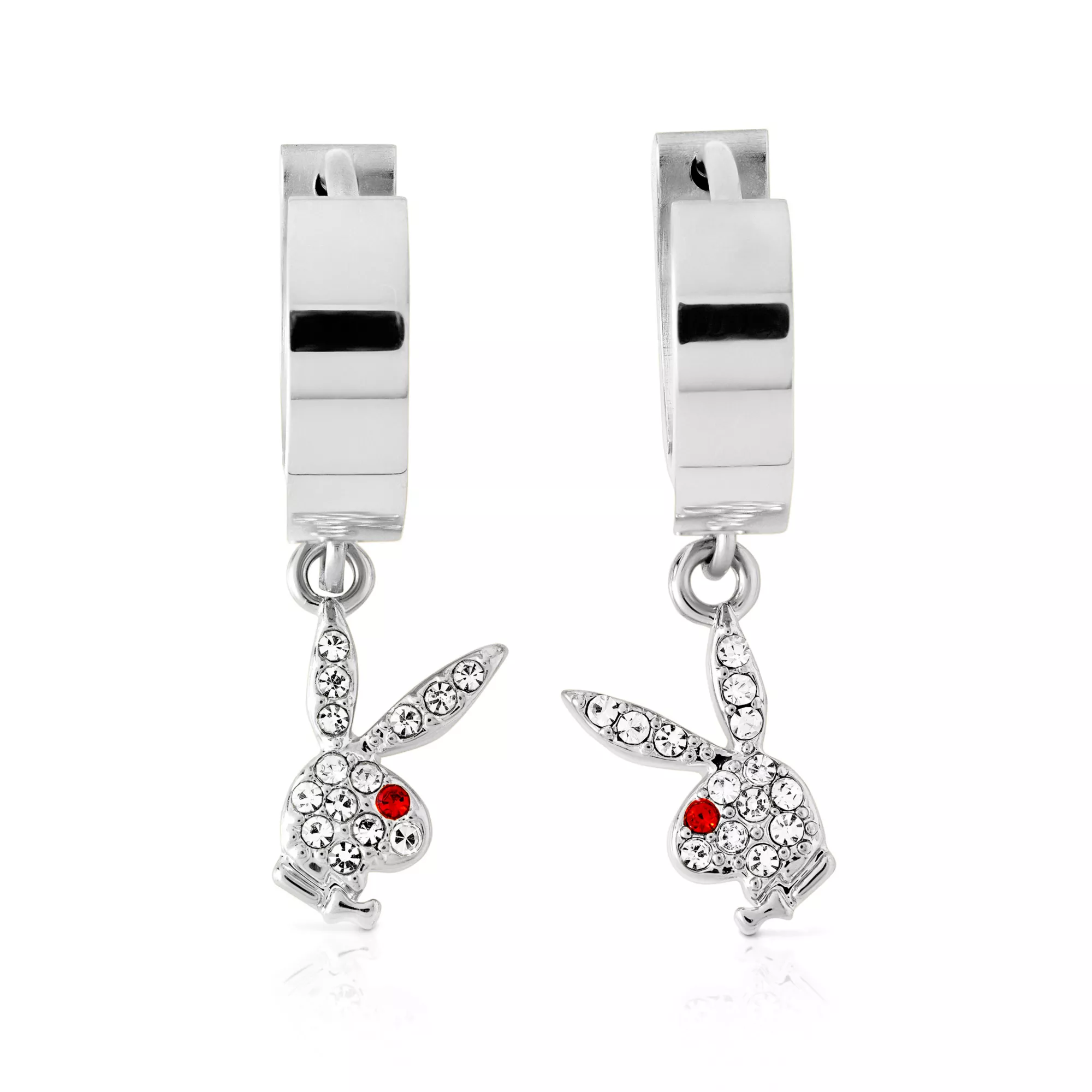 CZ Red and Clear Playboy Bunny Titanium Huggie Hoop Dangle Earrings - 20 Gauge at Spencer's