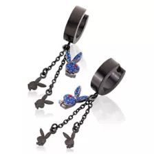 Blue CZ Triple Playboy Bunny Titanium Chain Dangle Huggie Hoop Earrings - 18 Gauge at Spencer's