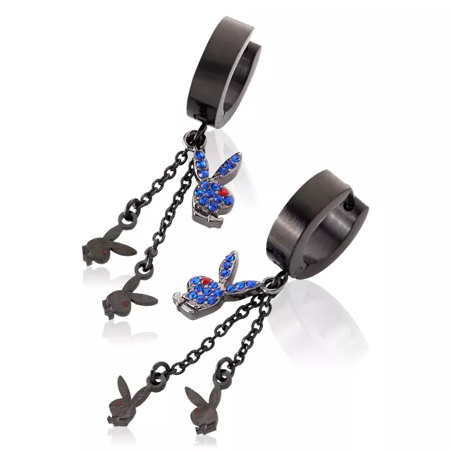 Blue CZ Triple Playboy Bunny Titanium Chain Dangle Huggie Hoop Earrings - 18 Gauge at Spencer's