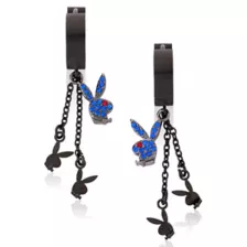 Blue CZ Triple Playboy Bunny Titanium Chain Dangle Huggie Hoop Earrings - 18 Gauge at Spencer's
