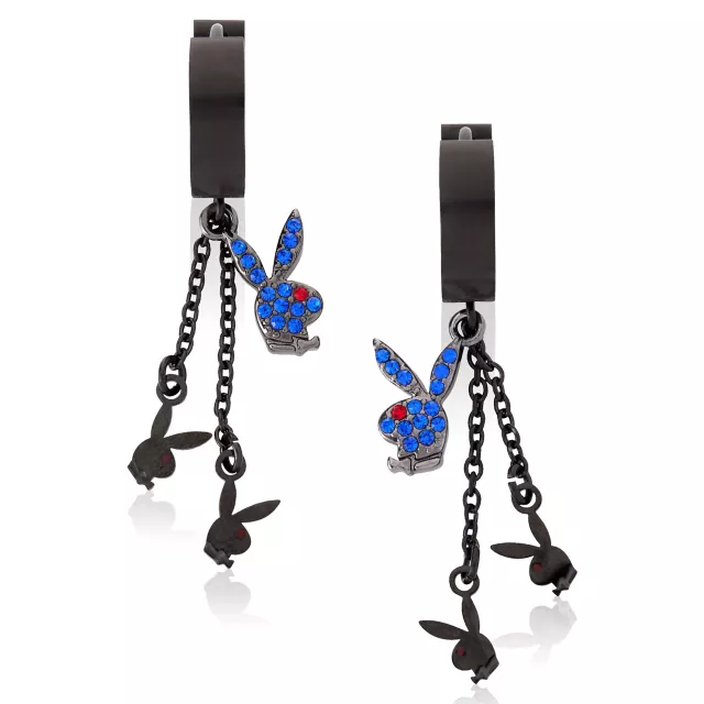 Blue CZ Triple Playboy Bunny Titanium Chain Dangle Huggie Hoop Earrings - 18 Gauge at Spencer's
