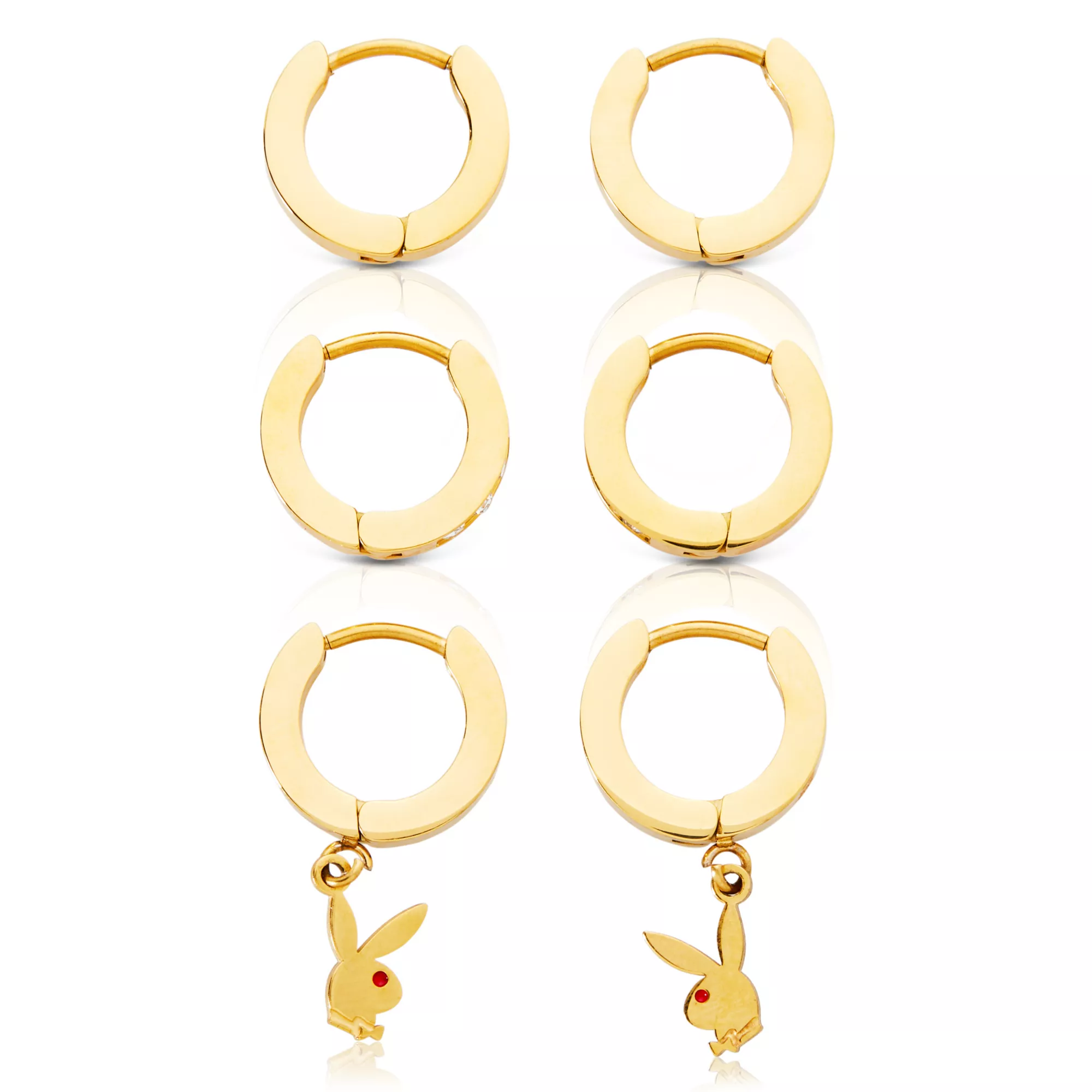 CZ Playboy Bunny Goldtone Titanium Hoop Huggie Dangle Earrings 3 Pack - 18 Gauge at Spencer's