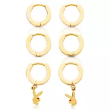 CZ Playboy Bunny Goldtone Titanium Hoop Huggie Dangle Earrings 3 Pack - 18 Gauge at Spencer's