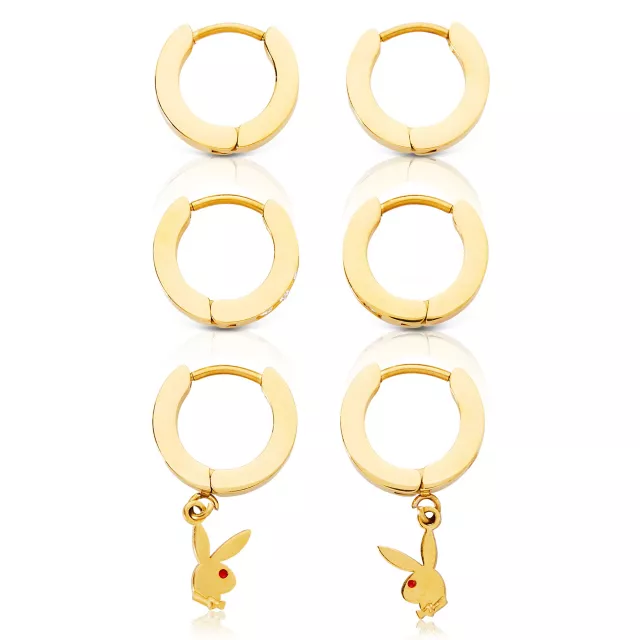 CZ Playboy Bunny Goldtone Titanium Hoop Huggie Dangle Earrings 3 Pack - 18 Gauge at Spencer's
