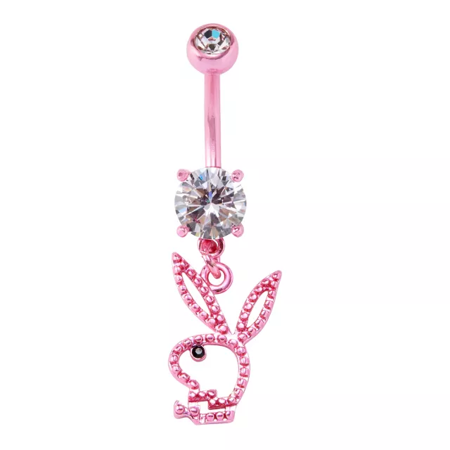 CZ Pink Playboy Bunny Cut Out Titanium Dangle Belly Ring 14 Gauge